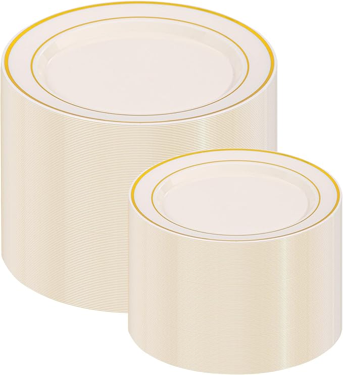I00000 200 Pcs Gold and Ivory Plastic Plates, Ivory Disposable Party Plates Include 100 Dinner Plate 10’’ and 100 Plastic Dessert Plate 7’’ Perfect for Birthday, Party & Wedding