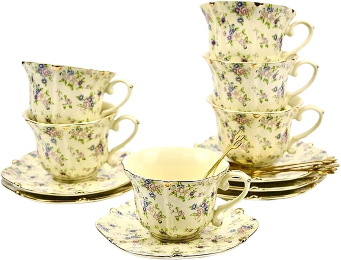 TATSUMI Country Roses 18 Peices Bone China Tea Cup And Saucer Set, English Vintage Tea Cups Of 6 For Women And Tea Party Sets(yellow,6 Sets)