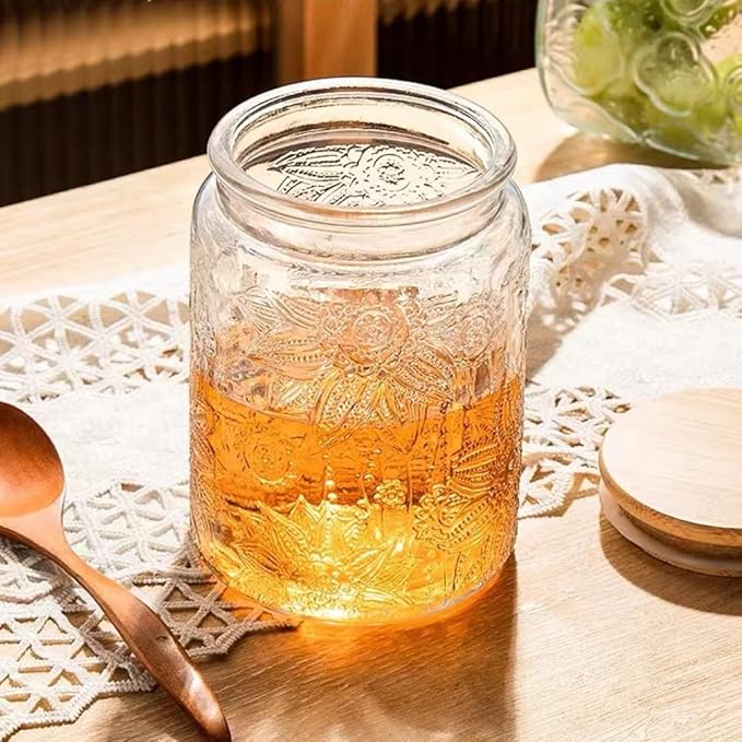 ANSQU Set of 2 Vintage Glass Storage Jars, Glass Food Storage Containers(25.3oz/23.7oz), Candy Jars with Lids for Kitchen Coffee, Tea, Cookie, Sugar, Bath Salts, Cute Jar