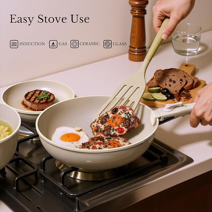 Pots and Pans Set Non Stick, Ceramic Cookware Set Detachable Handle, RV Camping Kitchen Cooking Set Removable Handles, Dishwasher/Oven/Fridge Safe, Induction, Space Saving，Cream White