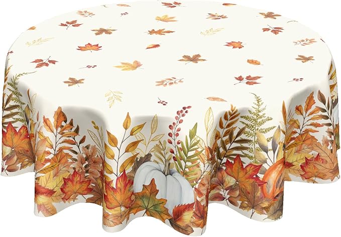 Fall Tablecloth Round 60 Inch Thanksgiving Autumn Harvest Orange Pumpkin Maple Leaves Table Cloth Rustic Farmhouse Table Cover for Kitchen Dinner Home Decor