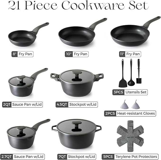 PRICUSIS Pots and Pans Set Nonstick, 21Pcs Induction Compatible, Stay Cool Handle, Fully Coated, 100% Dishwasher Safe, PFOA Free Omelet Pans, Warp Resistant (Black Sesame)