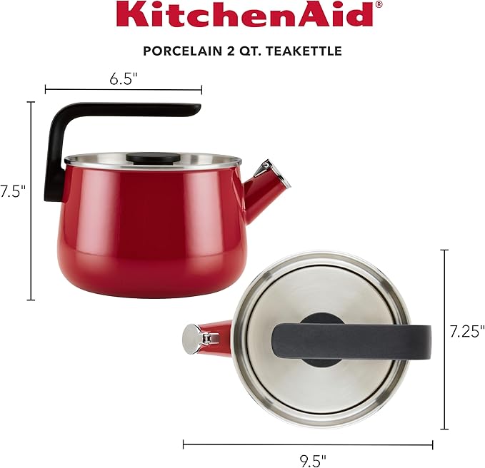 KitchenAid Teakettles Enamel-on-Steel Stovetop Whistling Teakettle, Induction Ready, Stainless steel Lid, 2 Quart - Empire Red