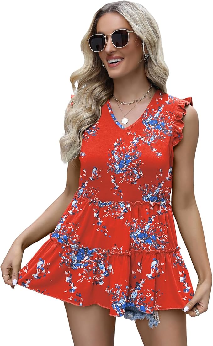 Womens Babydoll Tank Tops V Neck Ruffle Sleeve Pleated Peplum Shirts Summer