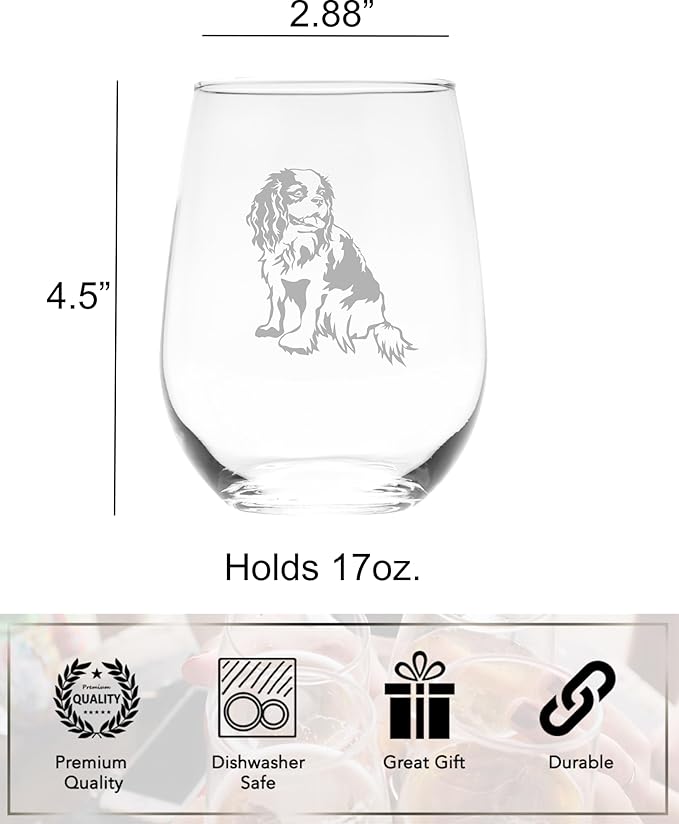 C M Cavalier King Charles Spaniel Dog Themed Stemless Wine Glass, 17 oz. for Men and Women - Dog Lover Gift (Style C1)