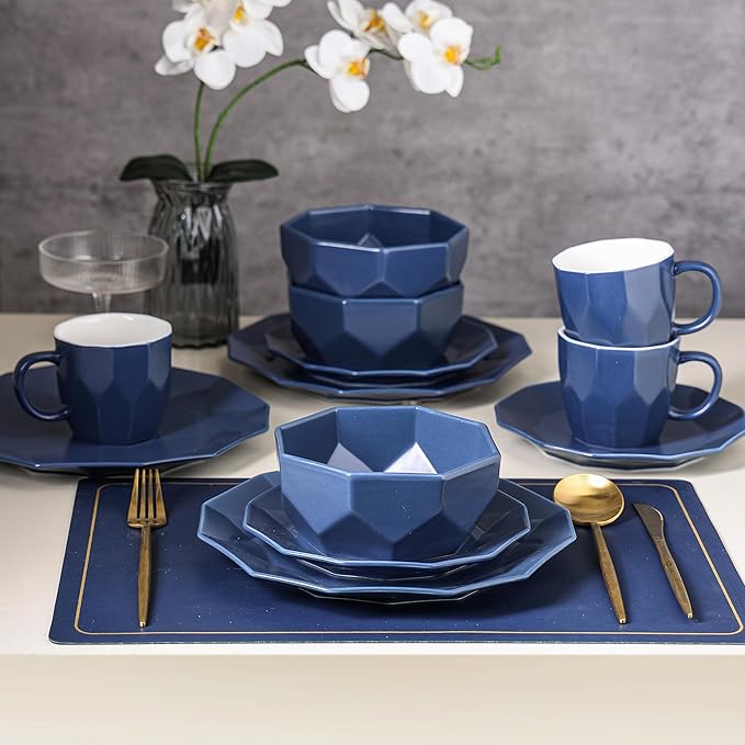 Stone + Lain Jamie Porcelain 16-Piece Geometric Dinnerware Set, Blue