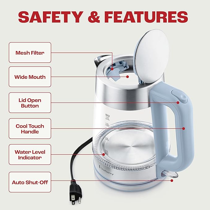 Electric Kettle for Boiling Hot Tea & Water | 1.7L Stainless Steel Borosilicate Glass Boiler With No Plastic, Automatic Shutoff, BPA Free, Fast Heating Technology (Blue)