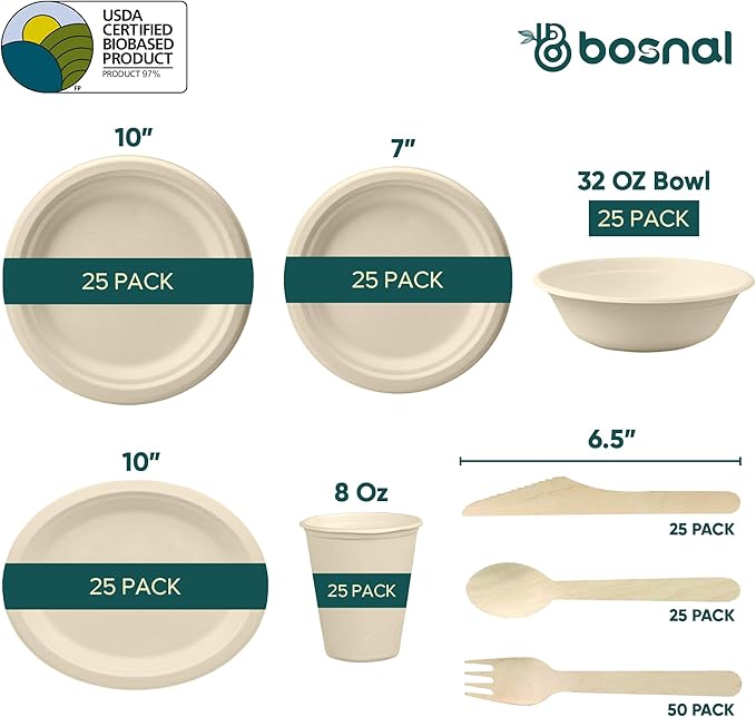 BOSNAL 10 inch & 7 inch Round Plates, 10 inch Oval Plates, 32 oz Bowls & 8 oz Cups with Lidss & Cutlery – 100% Plant-Based Bagasse, Eco-Friendly, Compostable, Microwave Safe, Durable Dinnerware Set
