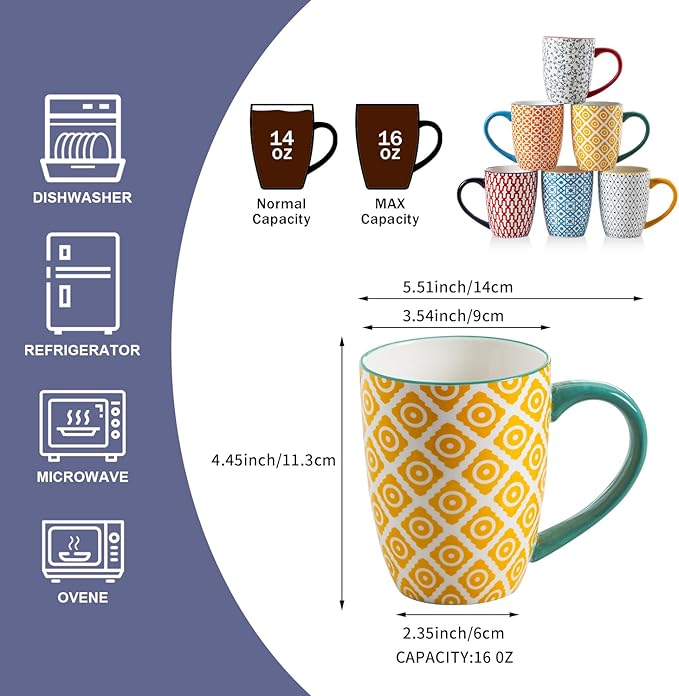 Ceramic Coffee Mugs Set - 16 Oz Large Porcelain Tea Cups with Handle for Women Men Cocoa Latte Cappuccino - Christmas Housewarming Gift - Microwave Dishwasher Safe - Set of 6 - Assorted Colors