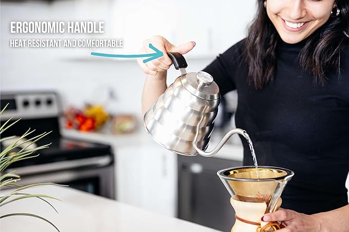 Barista Warrior Gooseneck Kettle for Pour Over Coffee and Tea with Thermometer for Exact Temperature, Precision Pour Drip Spout, Stainless Steel, Compatible with all Stove Tops (1.2 Liter, 40 fl oz)