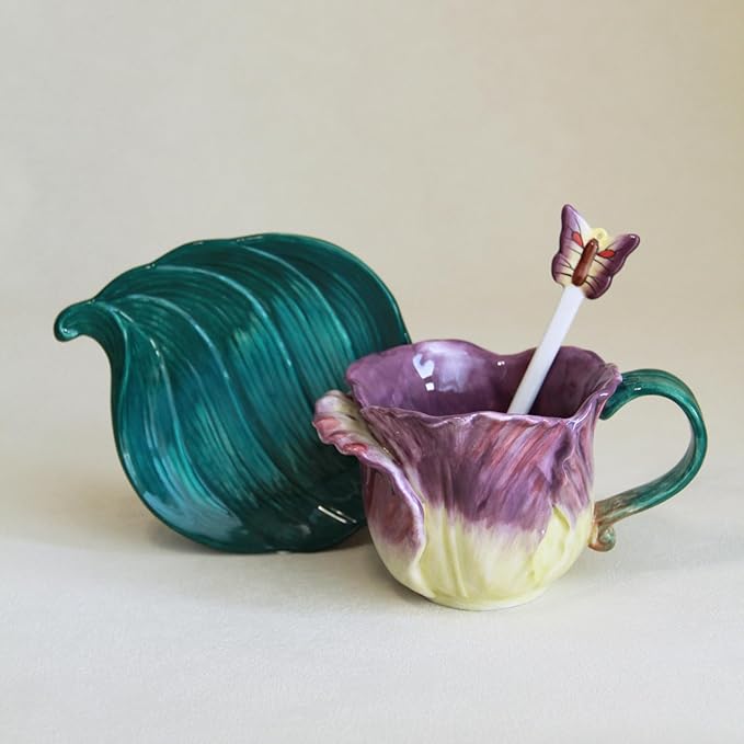 Ceramic Tea Cup and Saucer Set ，6OZ 3D Hand-Painted Flower and Lotus Leaf Coffee Mug，Gift for Women- Purple Tulip