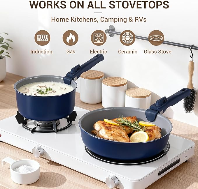 Ammeloo 18-Piece Ceramic Pots and Pans Set Non Stick, Non Toxic Cookware Set with Removable Handles, Pot Sets for Cooking, Induction Ready, Dishwasher & Oven Safe, PFAS PFOA & PTFE Free