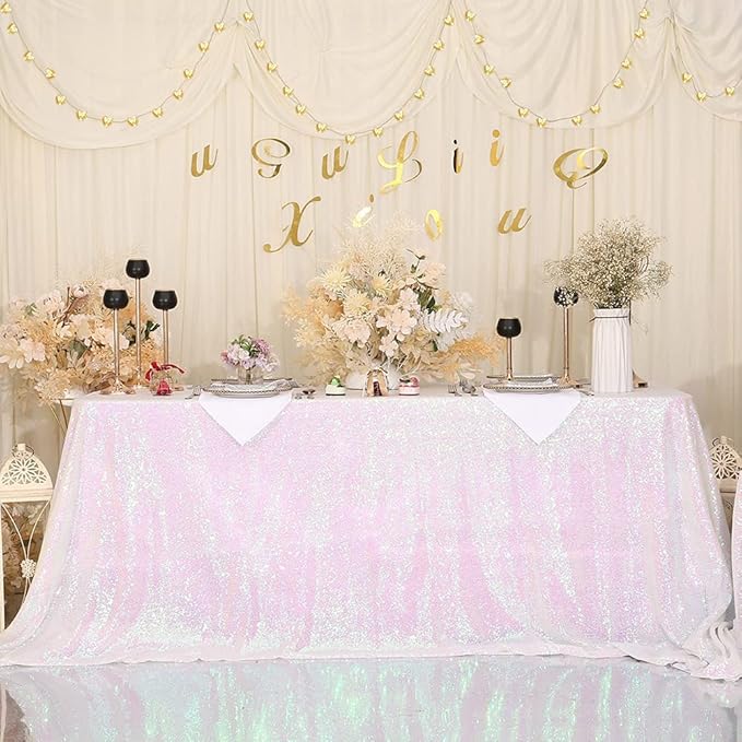 Eternal Beauty White Iridescent Tablecloth, 90x132 Inch Sequin Rectangle Table Cover for Cake Dessert Exhibition Party Birthday Events