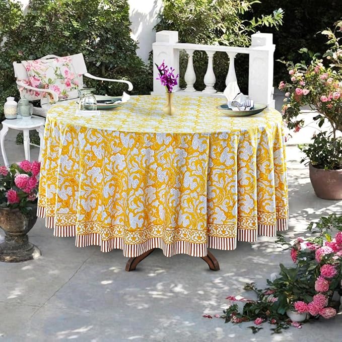 Ridhi Block Print Round Saffron Yellow Reusable Tablecloth 100% Cotton 132" Inch Decorative Table Cover eveyday Dining, Home, Party, Wedding, Farmhouse Gift for Spring, Easter, Valentine