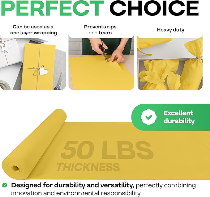 Yellow Kraft Paper Roll 48" x 1200" (100 feet) with Cutter - USA-Made Gift Wrapping Paper for Packing, Moving, Shipping & Crafts/Arts - 100% Recyclable Natural Craft Material by IDL Packaging