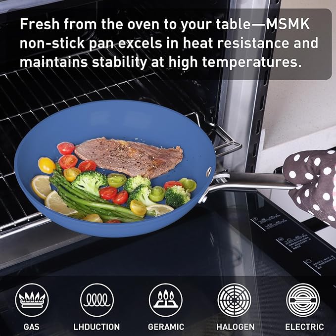 MsMk 5-Piece Ceramic Non Stick Pans Set 8, 10, 12 Inch Frying Pans, 10inch and 12 Inch with Tempered Glass Lids, Stay-Cool Handles, Oven Safe 700℉, Compatible with All Cooktops