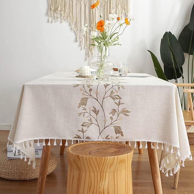Pahajim Rustic Linen Tablecloth Cotton Waterproof Table Cloth for Kitchen Dining with Tassel Rectangle Tablecloths Rectangle/Oblong,55''x71'',4-6 Seats