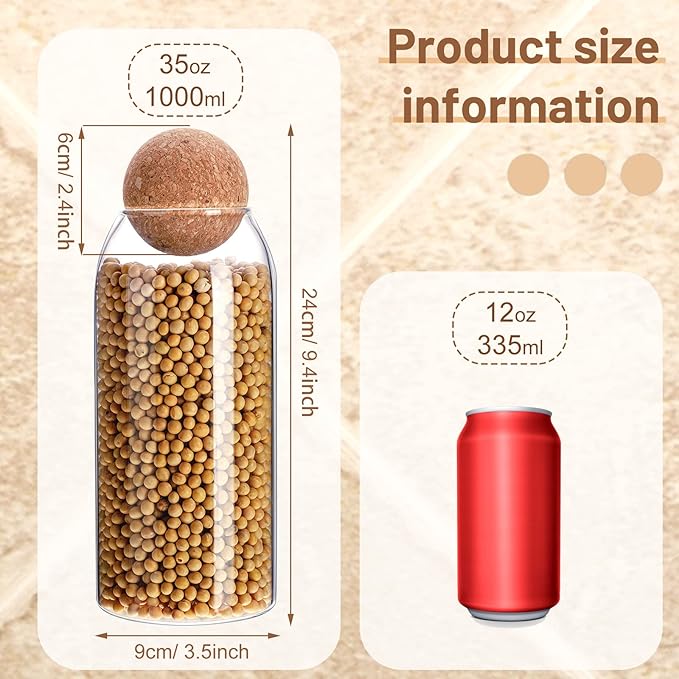 3 Pcs Glass Jar with Ball Cork Lid Decorative Round Bottle Sealed Canister Jar Storage Container Organizer with Airtight Seal Wooden Lid for Food Coffee Bean Candy Biscuits Spice(1000 ML/ 34 Oz)