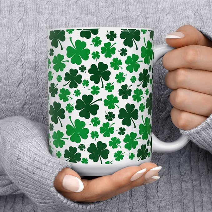 Loftipop St Patrick's Day Shamrock Coffee Mug, Green Four Leaf Clover Tea Cup, Gift for Her Mom Friend (15oz)