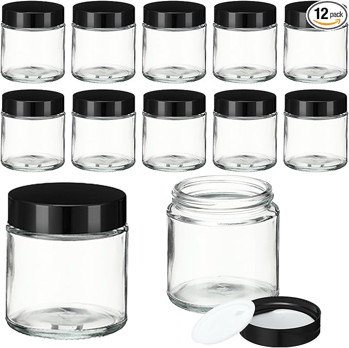 12 Pcs 4 oz Glass Jars with Lids, Clear Candle Jars with Black Lids Round Empty Candles Container Tins Candle Making Storing Lotions Spice Powder Liquid Sample Makeup (Clear)