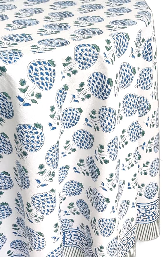 ATOSII Roma Blue 100% Cotton Boho Round Fall Tablecloth, Handblock Floral Print Table Cloth Linen for Kitchen Dining I Parties, Outdoors, Weddings, Christmas, Thanksgiving Home Decor 60" Inches Round
