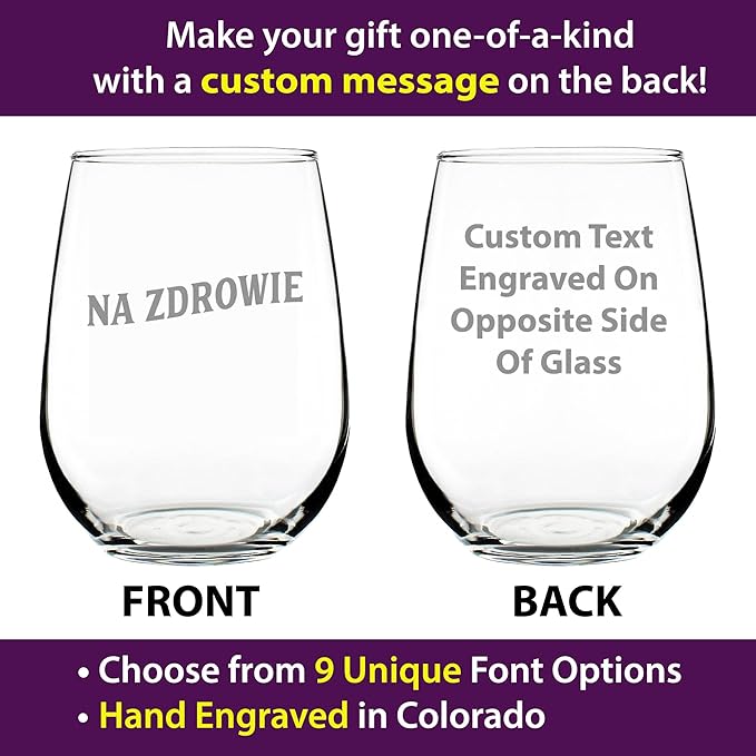 Custom Na Zdrowie Polish Cheers - Personalized Stemless Wine Glass - Cute Poland Themed Gifts or Party Decor - Large 17 Ounce - Customized Wine Glass Gift