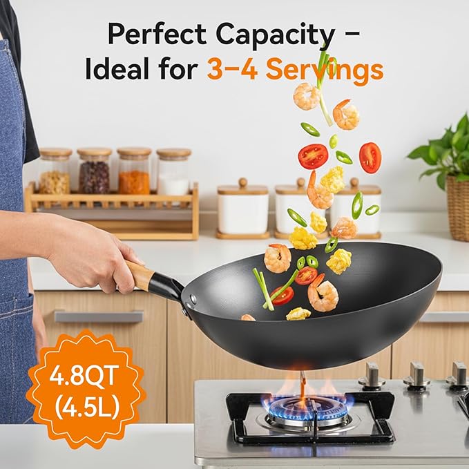 12.6" Carbon Steel Wok Pan, Flat Bottom Stir Fry Wok with Spiral Thread Interior, Coating‑Free Naturally Seasoning Wok, Compatible with Gas, Electric & Induction Cooktops