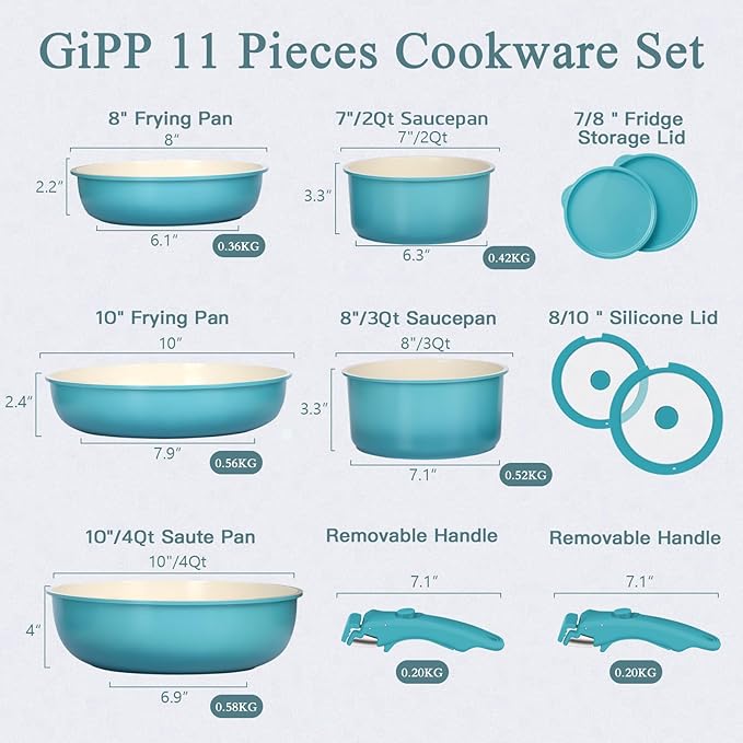 GIPP 11pcs Pots and Pans Set Non Stick, Nonstick Cookware Set Detachable Handle,Ceramic Pots for Cooking Non Stick with Removable Handle, RV Cookware Set, Light Blue Gradient