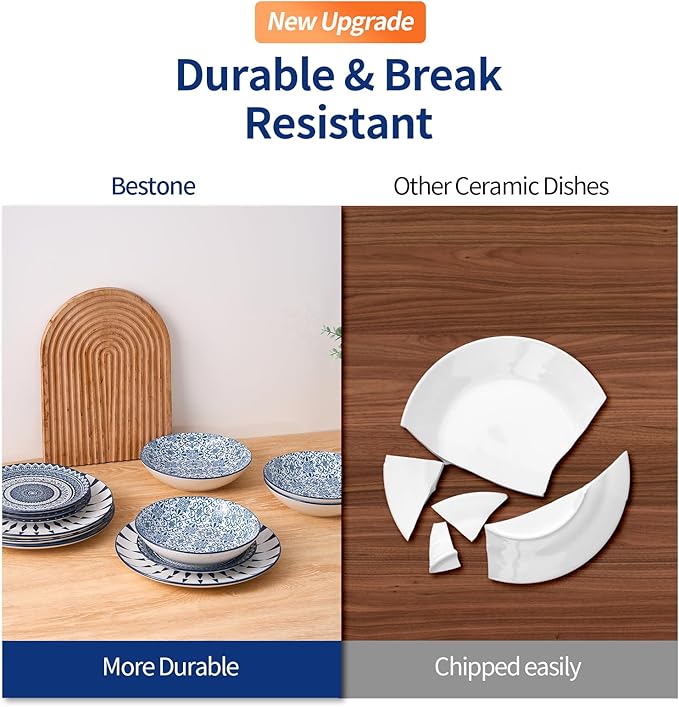 Bestone Porcelain Dinnerware Sets Service for 4, 12 pcs Hand drawn Plates and Bowls Sets, Handmade Ceramic Dish Set, Chip Resistant Modern Plate Set, Dishwasher/Microwave Safe，Vintage Blue