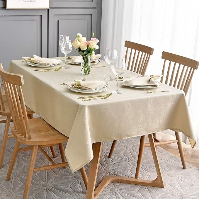 maxmill Jacquard Tablecloth Swirl Design Spillproof Wrinkle Free Heavy Weight Soft Table Cloth Decorative Fabric Table Cover for Outdoor and Indoor Use Oblong 60 x 120 Inch Beige