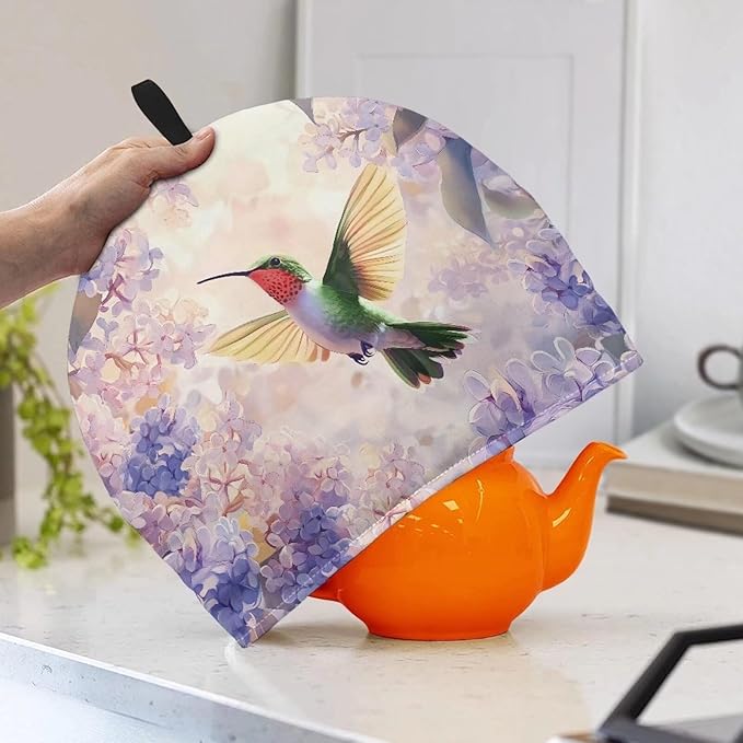 Hummingbird Purple Flower Tea Cozy for Teapot Insulated Tea Cosy Washable Tea Pot Dust Covers Breakfast Warmer for Home Kitchen Office Holiday Party Décor