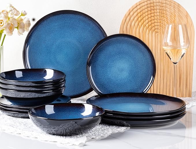LeRatio Ceramic Dinnerware Sets for 4,Wavy Reactive Glaze Stoneware Plates and Bowls Sets,Highly Scratch Resistant | Dishwasher & Microwave,Oven Safe Dishes Set(12PCS)