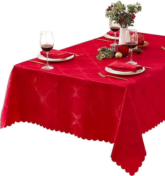 Newbridge Valentines Day Rectangle Tablecloth, 60 x 84 Inch, Ribbons and Bows Damask, Wrinkle and Stain Resistant Fabric Table Cloth, Holiday Red