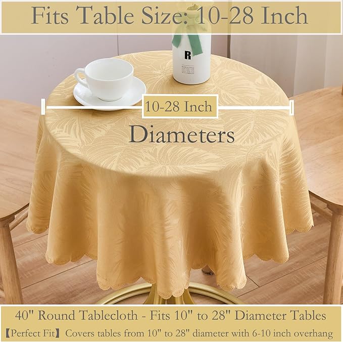 Round Tablecloth Golden Small 40 Inch Table Cloths Up to 26" Dia Tables Leaves Pattern Scalloped Edge Waterproof Jacquard Table Cover-Kitchen Dining Room Decor Coffee Bar