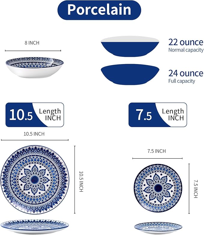 Bestone 12-Piece Round Porcelain Dinnerware Set, Service for 4, Chip Resistant Plates and Bowls,Blue, Dishwasher & Microwave Safe for Home Daily Use