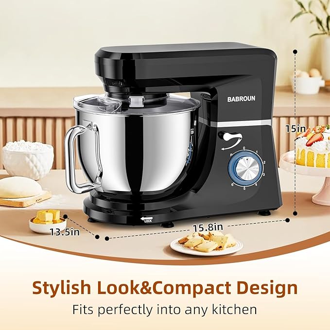 Dough Mixer 8.45 QT Electric Mixer - 660W 6 Speed Large Capacity Kitchen Stand Mixer with Whisk Dough Hook Mixing Beater Household Food Mixer for Baking Cakes Cookie Bread Salad(Black)