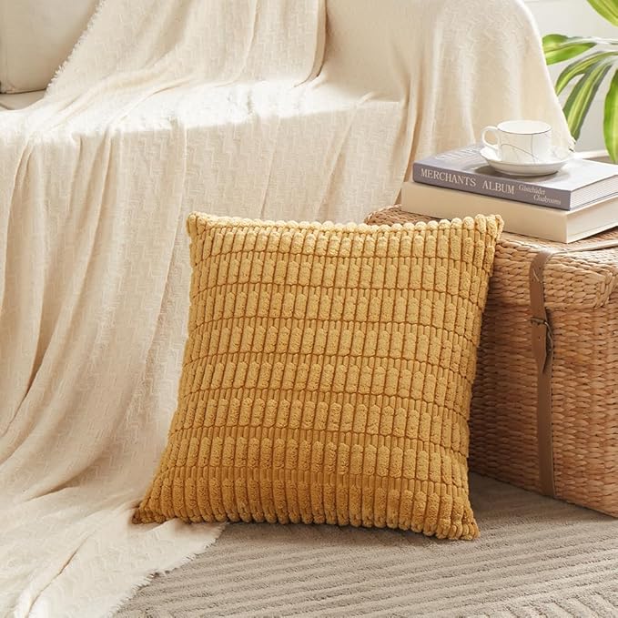Fancy Homi 4 Packs Mustard Yellow Decorative Throw Pillow Covers 26x26 Inch for Living Room Couch Bed Sofa, Rustic Farmhouse Boho Home Decor, Soft Plush Striped Corduroy Square Cushion Case 66x66 cm