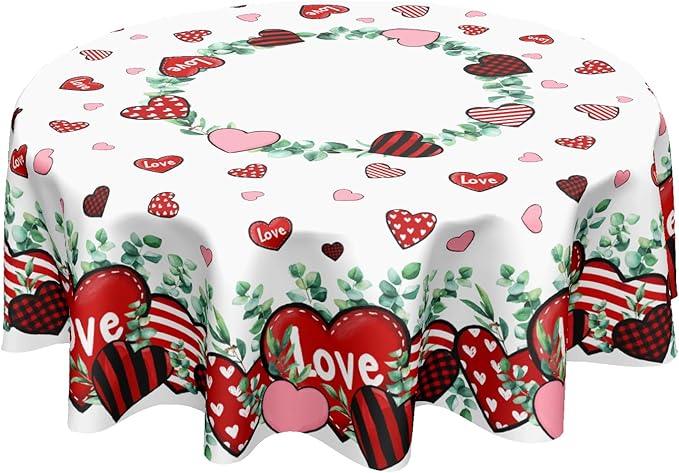 Valentines Day Round Tablecloth 60 Inch Red and Pink Hearts Eucalyptus Circle Table Cloth Valentine Holiday Table Cover for Party Kitchen Dinner Home Decor