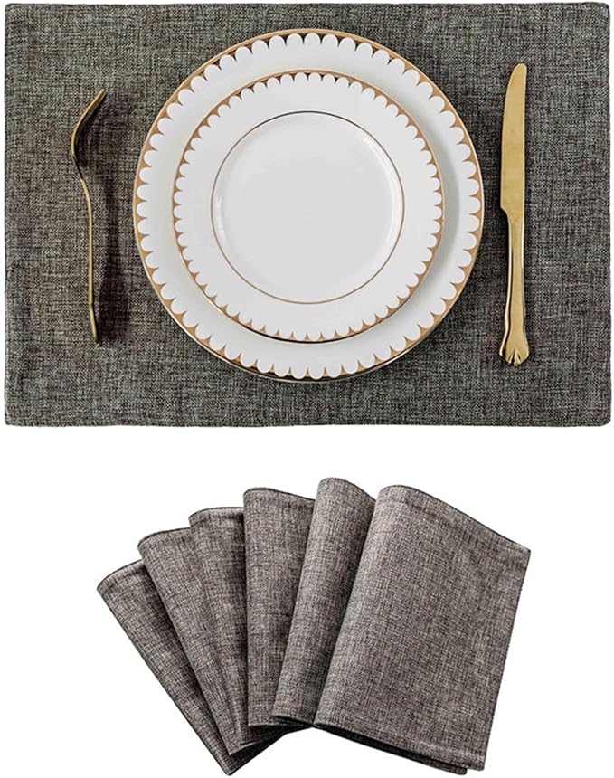 Placemat Set of 4/6 Washable Place Mats Placemats Heat Faux Linen Burlap Placemat for Dining Table Kitchen Table Mats(Dark Gray 6 Pieces)