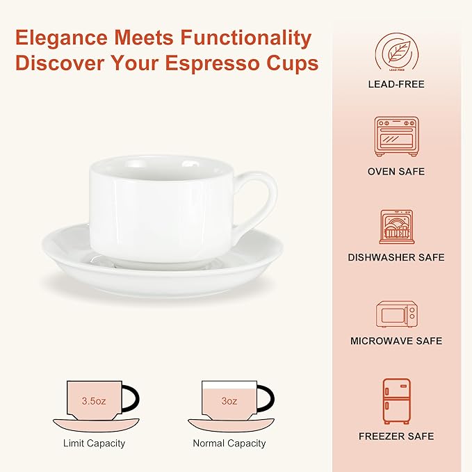 3 Ounce Espresso Cups Set of 4, Stackable Demitasse Mugs, Includes Display Stand, Cups Saucers, and Spoons, for Machines & Home Use, White Silver Tone