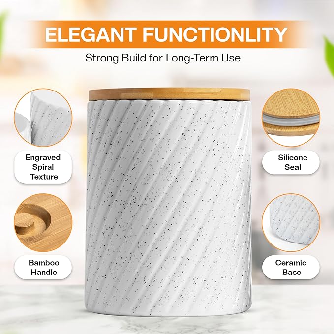 Ceramic Canister Set for Kitchen Countertop & Pantry – 3 Airtight Food Storage Containers for Flour, Sugar & More – Durable White Ceramic with Bamboo Lids