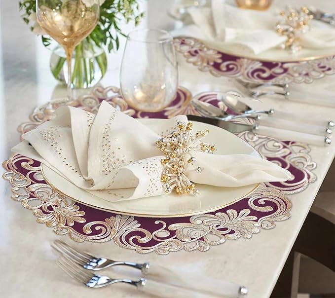 Decozen Set of 12 Doilies for Table, Lace Doilies - Rustic, Crochet, Farmhouse, Kitchen, Dining Table Centerpiece Decor - Round Christmas Placemats - 15 inch Gold Burgundy, The Chantelle Collection