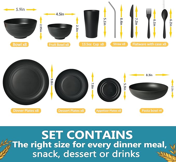 Teivio 88-Piece With Flatware Kitchen Plastic Wheat Straw Dinnerware Set for 8, Dinner/Dessert/Appetizer Plates, Cereal Fruit Bowls, Pasta Bowls, Cups, Unbreakable Dishwasher Safe Outdoor Dish, Black