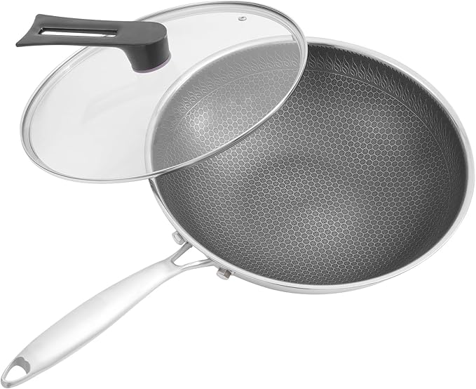 12.6 inch Stainless Steel Stir-fry Wok, Cooking Frying Pan, Non Stick Honeycomb Skillet with Stay Cool Handle, Class LId, Suitable for Induction, Ceramic, Electric, and Gas Cooktops