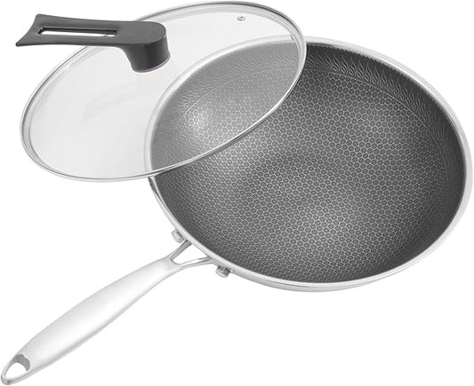 12.6 inch Stainless Steel Stir-fry Wok, Cooking Frying Pan, Non Stick Honeycomb Skillet with Stay Cool Handle, Class LId, Suitable for Induction, Ceramic, Electric, and Gas Cooktops