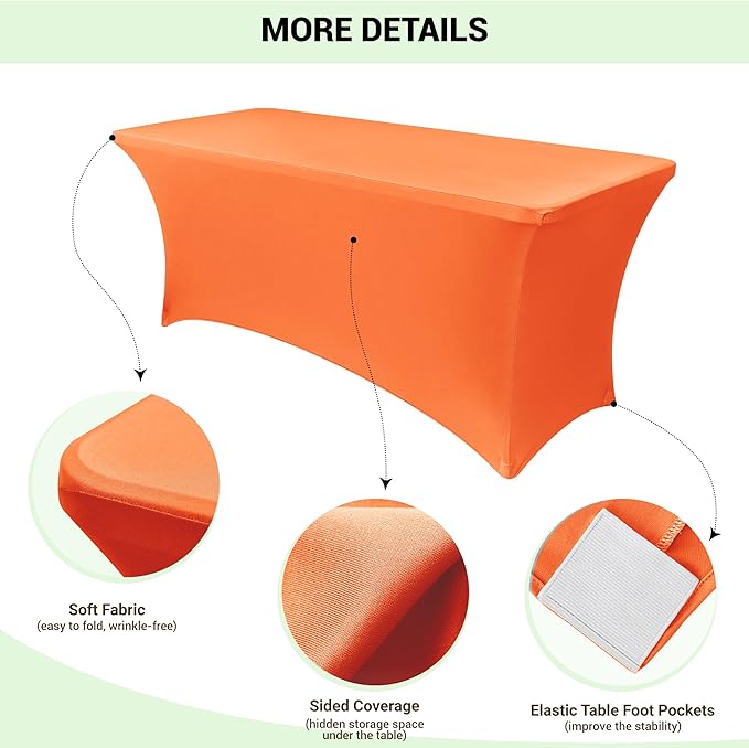 Obstal 6ft Stretch Spandex Table Cover for Standard Folding Tables - Universal Rectangular Fitted Tablecloth Protector for Wedding, Banquet and Party, 72L x 30W x 30H Inches, Orange, 2pc