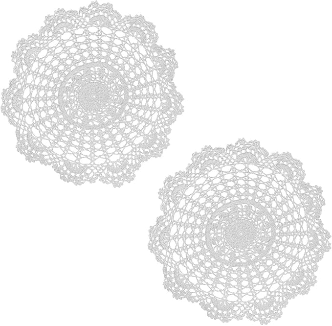 BIBITIME 2PCS Lace Table Doilies Kitchen Placemats Round Handmade Crochet Flower Cup Mug Mat Doily (15 inches to 16 inches,2PCS, Light Grey)