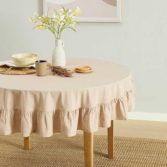 MONDAY MOOSE Ruffle Farmhouse Rustic Round Natural Stonewashed Cotton Tablecloth for Kitchen, Dining Room, Restaurant (60" Round, Natural)