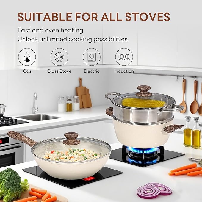 NEWBULIG 17-Piece Nonstick & Non-Toxic Pots and Pans Set, Cookware with Stay-Cool Handles, Induction Compatible, Cream White