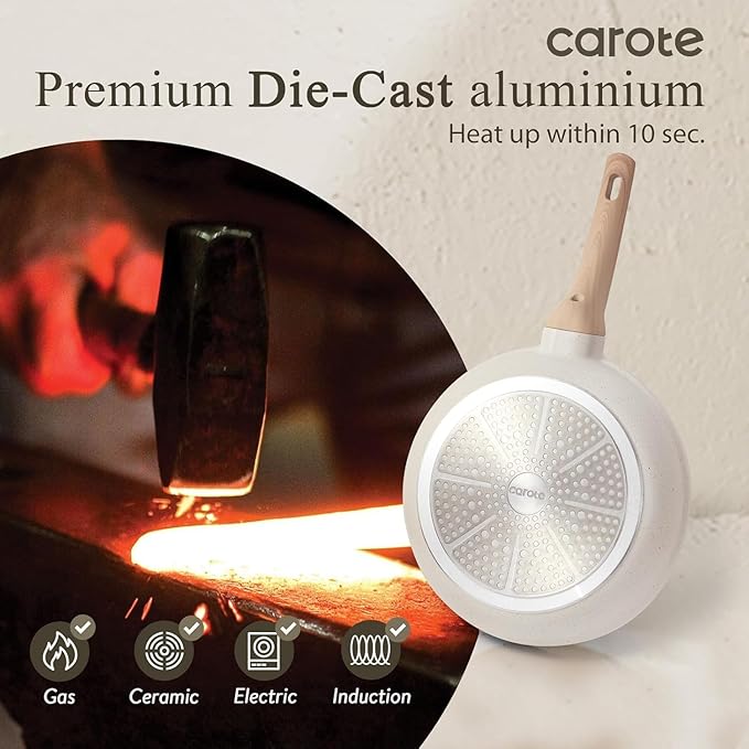 CAROTE 8 Inch Non Stick Frying Pan with Lid,White Granite Nonstick Skillet Omelet Pans, Egg Pan Granite Cookware, PFOS & PFOA Free